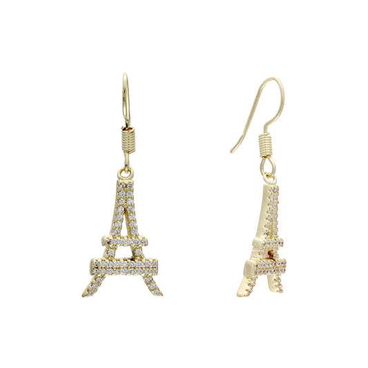 Paris Eiffel tower paved wire hook 14K Gold earrings