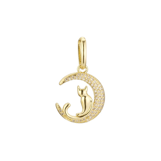 Cat on a moon pendant in 14K Gold, Rose Gold two tone plating colors