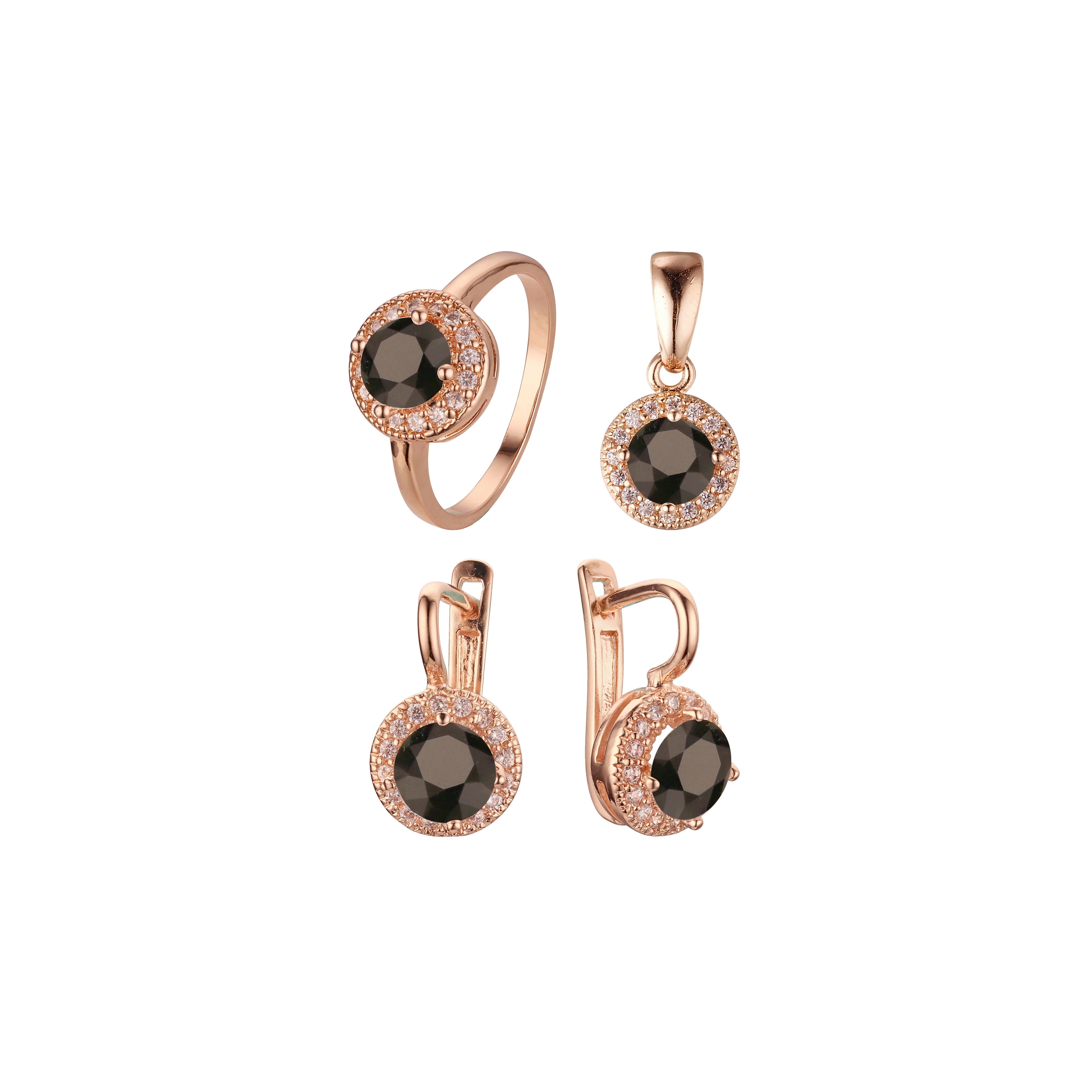 .Rosa's Halo - Big round colorful halo cz Rose Gold plated rings and pendant jewelry set