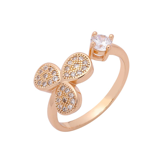 Clover and solitaire white cz Rose Gold, 14K Gold open rings