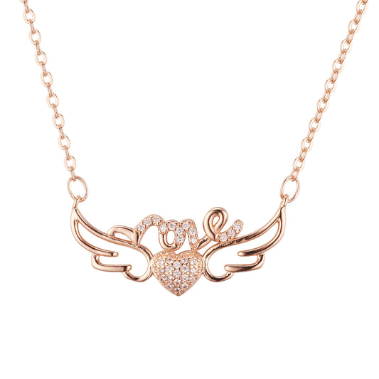 Heart and love with angle wings necklace plated in 14K Gold, Rose Gold