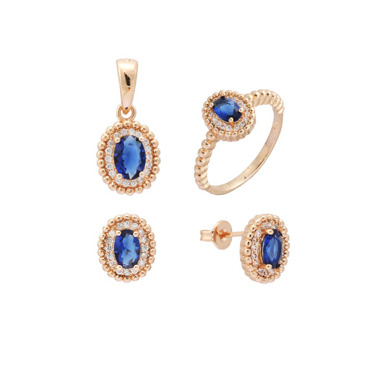 Big stone halo rings and pendant jewelry set plated in Rose Gold colors