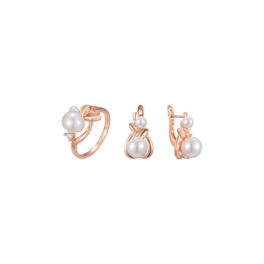 Solitaire pearl and leaves rings jewelry set plated in Rose Gold colors