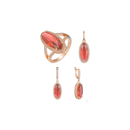Big oval red stone halo set plated in Rose Gold colors