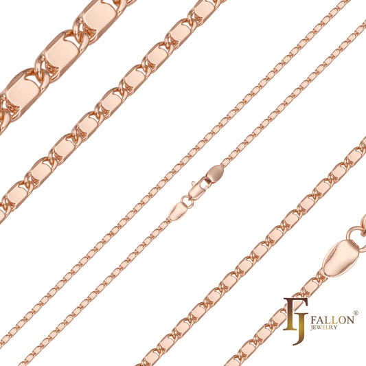 Slim flat solid Snail polished link chains plated in 14K Gold, Rose Gold