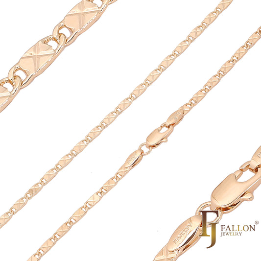 Solid snail link cross X hammered chains plated in 14K Gold, Rose Gold