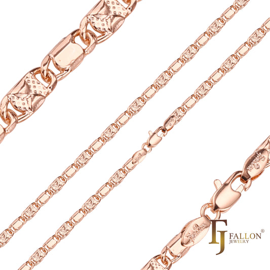 Solid snail link polished half hammered chains plated in 14K Gold, Rose Gold
