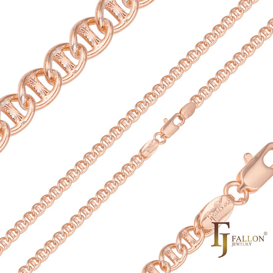 Mariner star hammered cable link chains plated in 14K Gold, Rose Gold, two tone