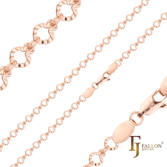 Sunburst hammered Shell fancy link chains plated in White Gold, 14K Gold, Rose Gold