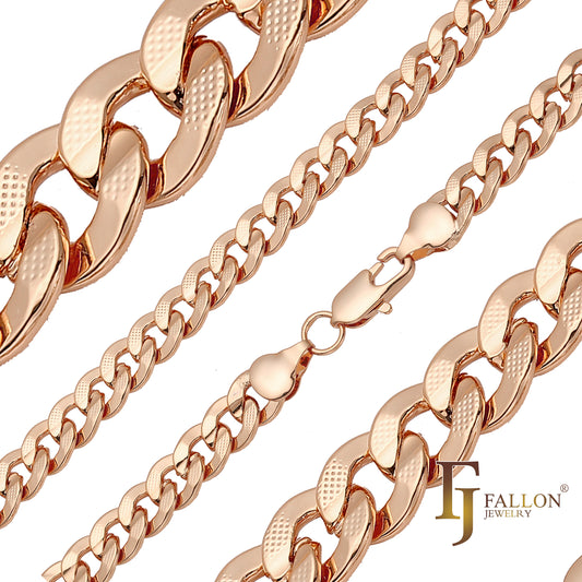 Curb link dot hammered chains plated in 14K Gold, Rose Gold, two tone