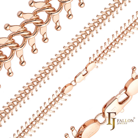 Fish bone, Centipede link chains plated in 14K Gold, Rose Gold