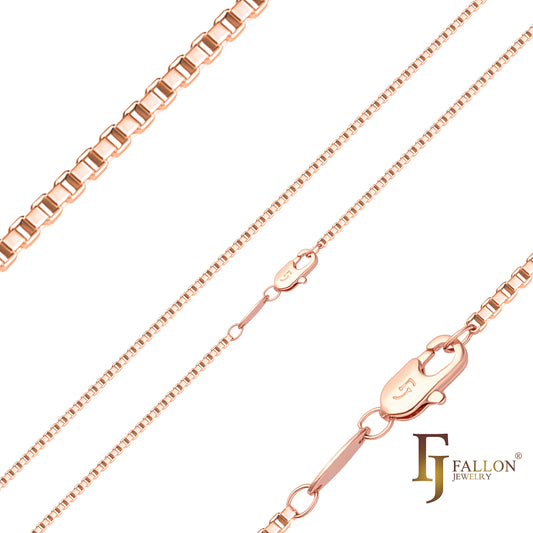 Thin Box link chains plated in 14K Gold, Rose Gold, White Gold
