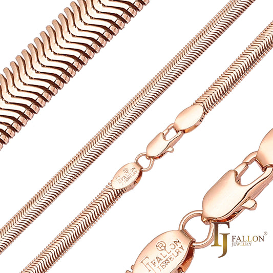 Flat skeleton Snake chains plated in White Gold, 14K Gold, Rose Gold