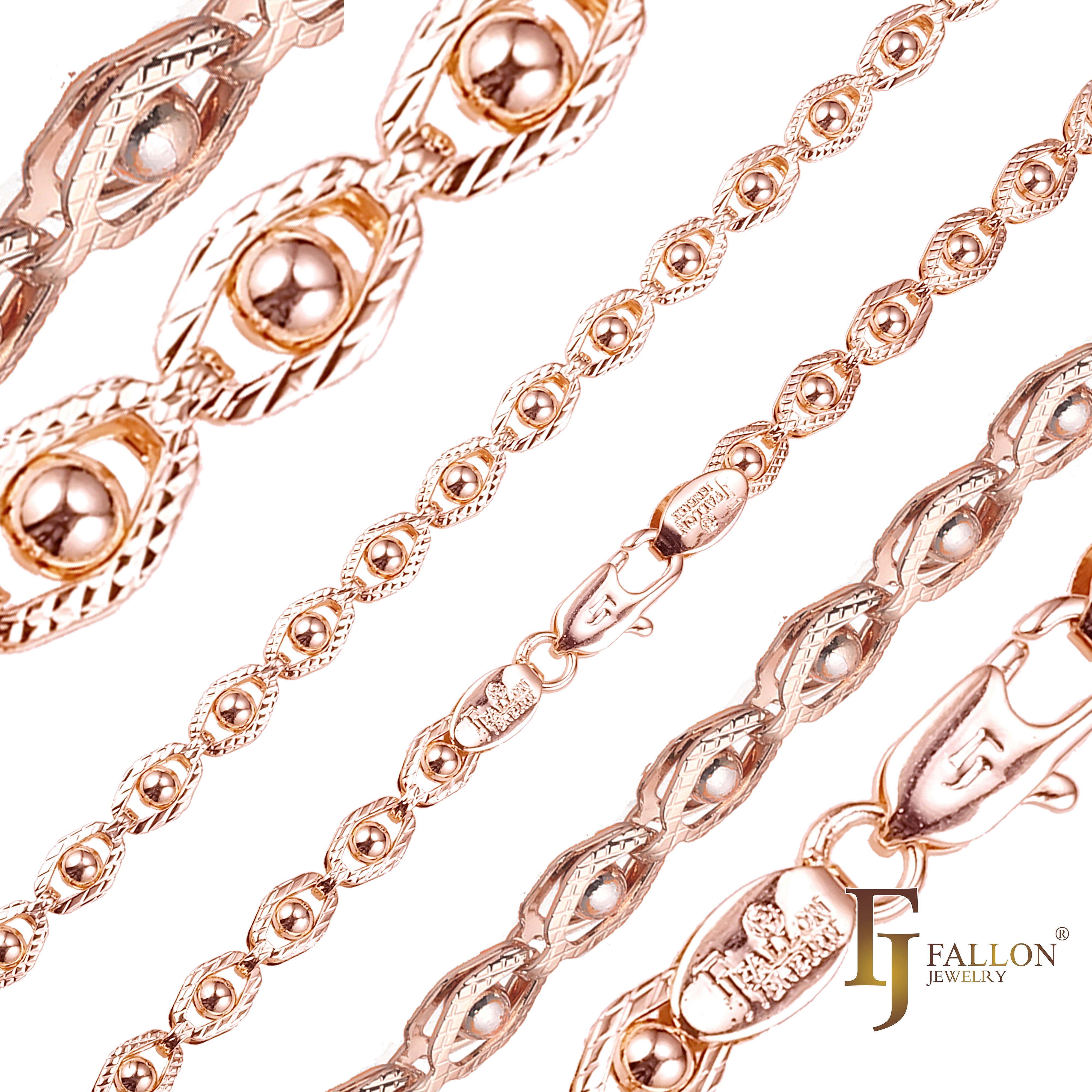 Eyes beads fancy link chains plated in 14K Gold, Rose Gold, two tone