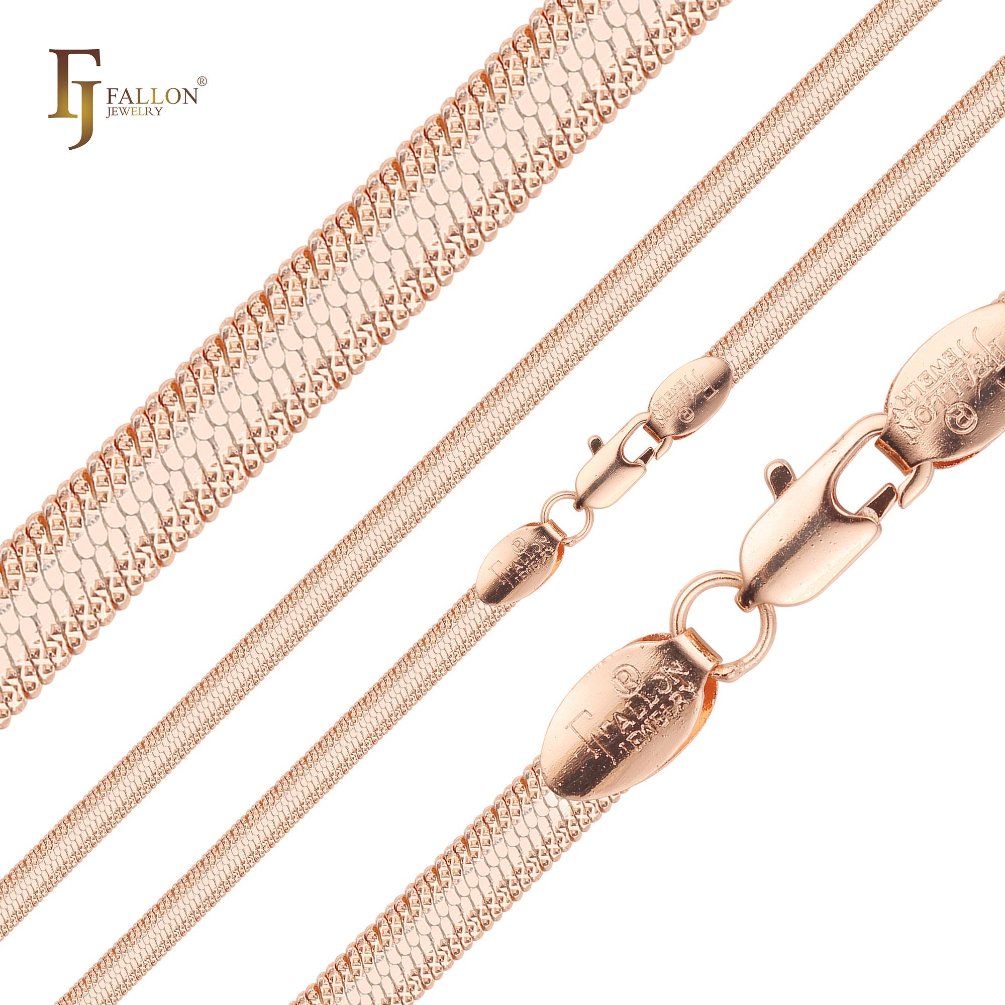 Flat Snake flank cross hammered chains plated in 14K Gold, Rose Gold, two tone