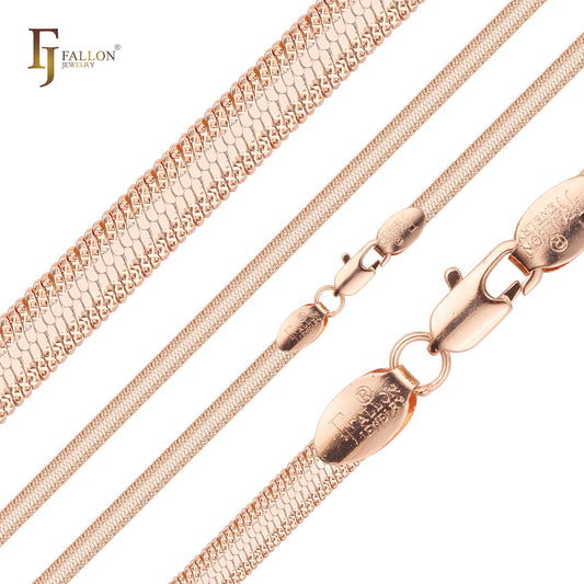 Flat Snake flank cross hammered chains plated in 14K Gold, Rose Gold, two tone