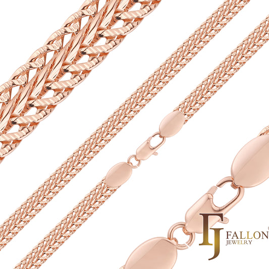 Foxtail link hammered chains plated in Rose Gold, 14K Gold, White Gold
