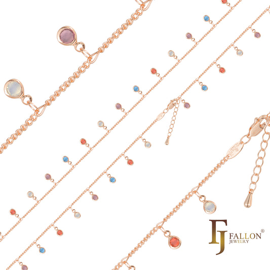 Fancy cable link colorful anklet chains plated in 14K Gold, Rose Gold
