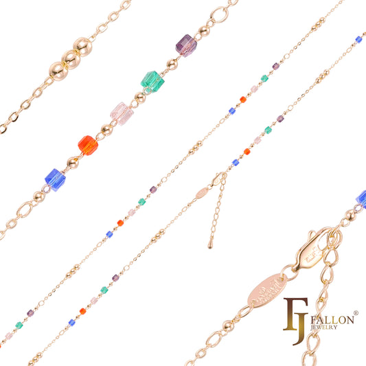 Beads and colorful cubes link anklet plated in 14K Gold, Rose Gold