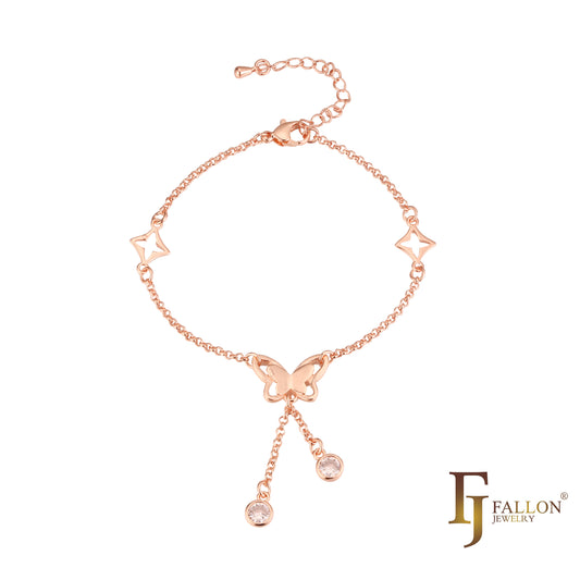 Butterfly and stars bracelets plated in 14K Gold, 18K Gold, Rose Gold, two tone colors