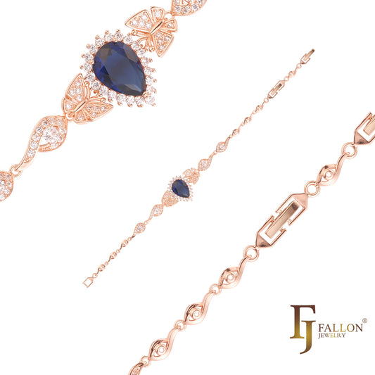 Fancy eye link solitaire deep blue teardrop stone bracelets plated in Rose Gold colors