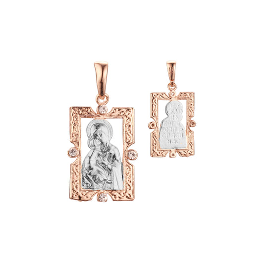 Virgin Mary of Vladimir pendant in Rose Gold, two tone plating colors