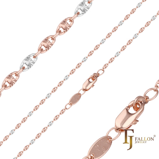 Fancy link star hammered chains plated in 14K Gold, Rose Gold, two tone