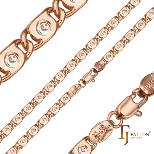Snail eddy vortex link chains plated in 14K Gold, Rose Gold, two tone