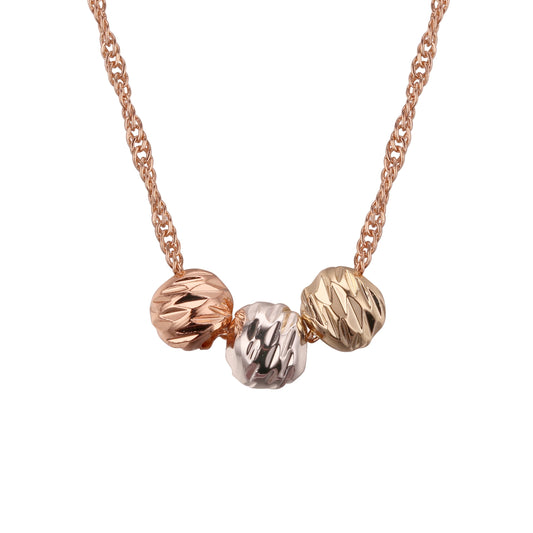 Three beads necklaces plated in White Gold, 14K Gold, Rose Gold, three tone