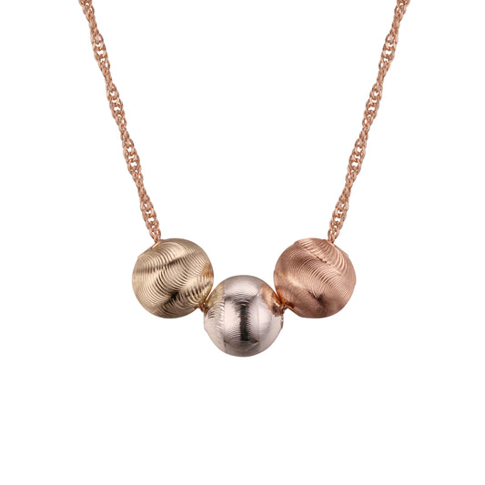 Three round beads necklaces plated in White Gold, 14K Gold, Rose Gold, three tone