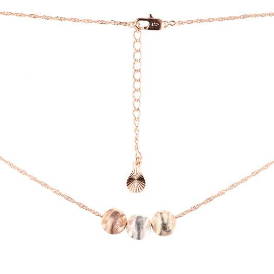 Three round beads necklaces plated in White Gold, 14K Gold, Rose Gold, three tone