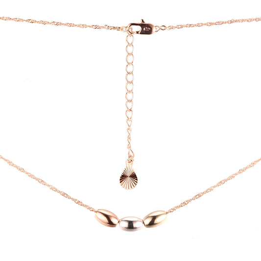 Three glossy bucket beads necklaces plated in White Gold, 14K Gold, Rose Gold, three tone