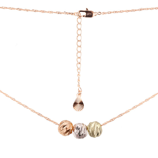 Three beads necklaces plated in White Gold, 14K Gold, Rose Gold, three tone