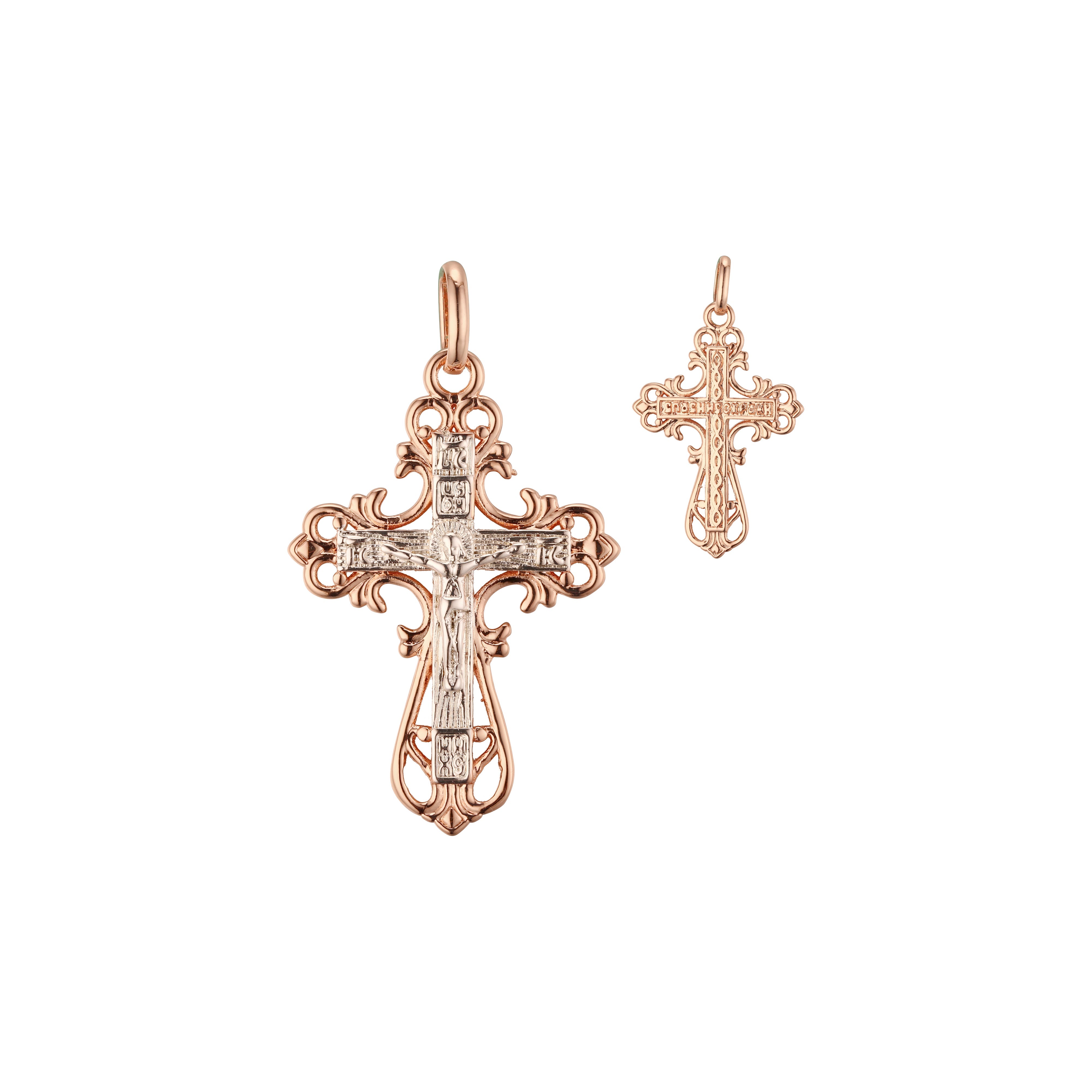 Catholic cross budded pendant in 14K Gold, Rose Gold two tone, White Gold plating colors