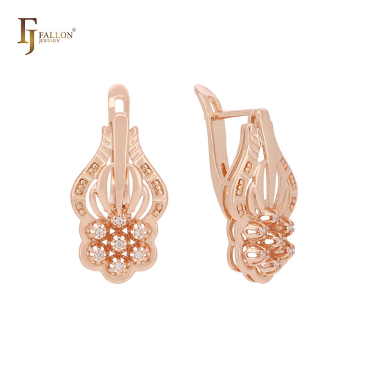 Hexagon cluster white CZs flower blooming 14K Gold two tone earrings