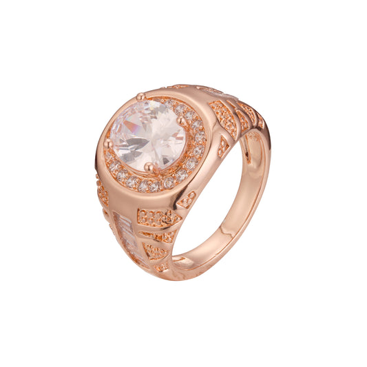 White CZ solitaire men's round signet Rose Gold rings