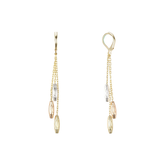 Three chain link in three tone buckle beads drop 14K Gold wire hook earrings