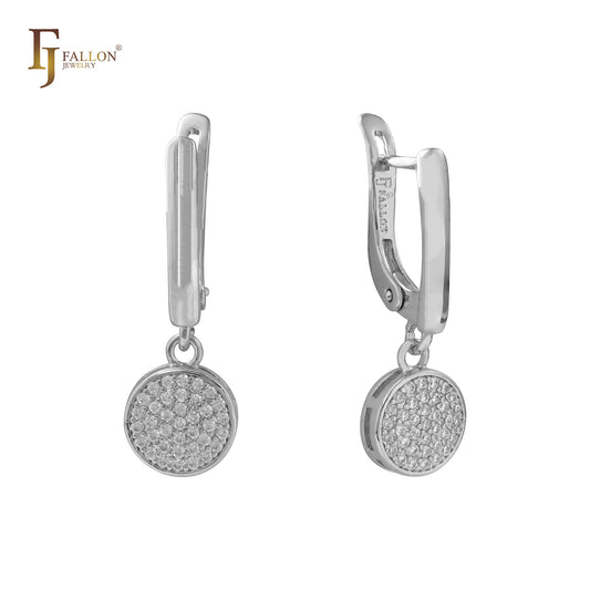 Circle White CZs cluster 14K Gold, white gold drop earrings