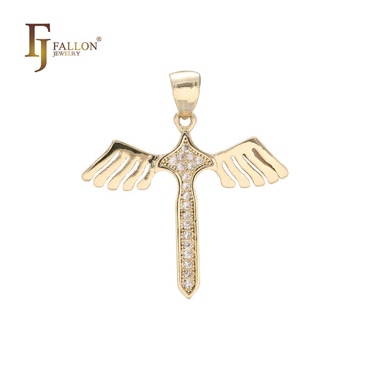 White CZs Angel's Wings sword 14K Gold, Rose Gold pendant