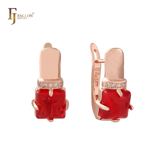 Square rounded paved white CZs CZ 14K Gold, Rose Gold earrings