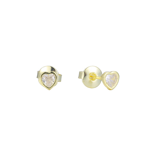 Heart 14K Gold solitaire white CZ stud earrings