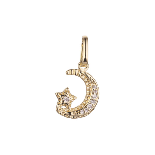 Star and Crescent moon pendant in Rose Gold, 14K Gold, White Gold plating colors
