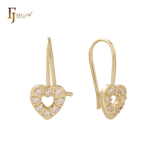 Heart paved white CZs wire hook 14K Gold, Rose Gold, White Gold earrings