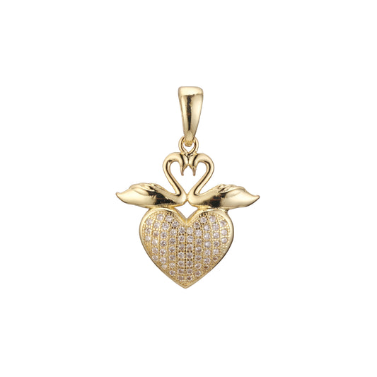 Swan and heart pendant in 14K Gold, White Gold plating colors