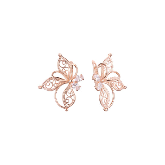 Butterfly double stones earrings in 14K Gold, Rose Gold plating colors