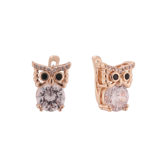 Cute owl solitaire 14K Gold, Rose Gold Child earrings