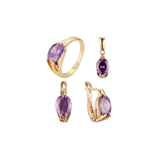 Solitaire oval light purple jewelry set plated in 14K Gold, Rose Gold