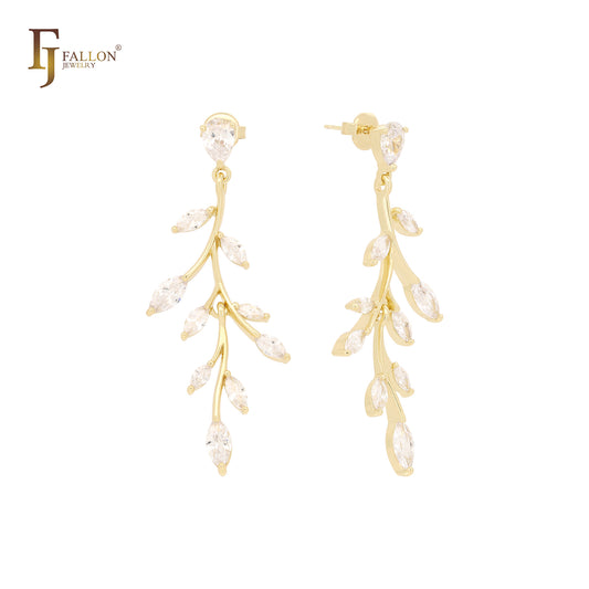 Tree branch with cluster leaves CZs 14K Gold stud earrings