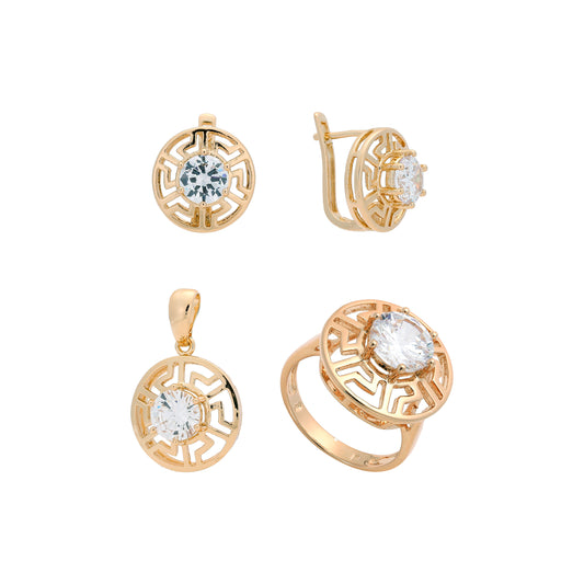 Greek Key solitaire white CZ rings and pendant Rose Gold jewelry set