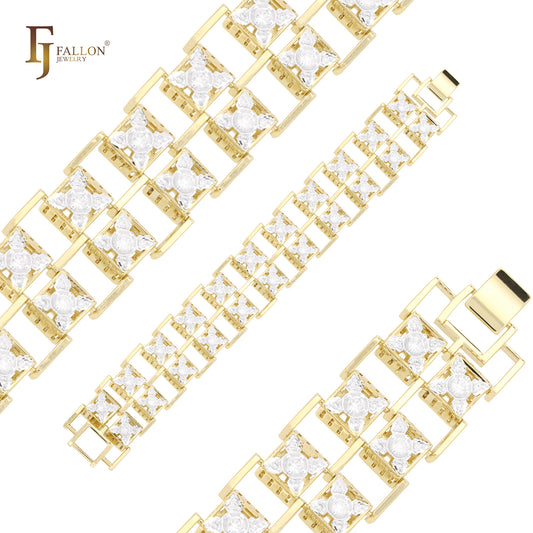 Double Row Luxurious Cluster White CZs 14K Gold Bracelets